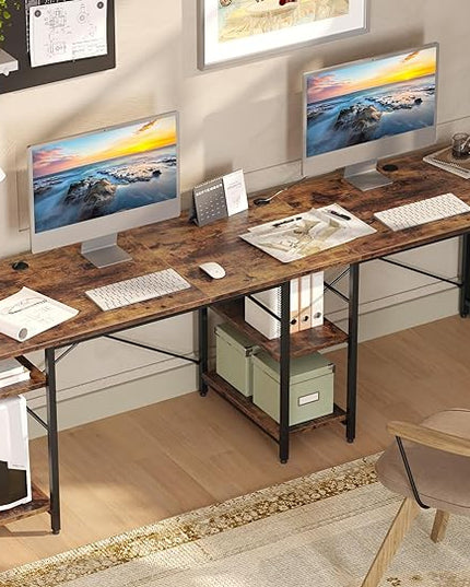 Bestier L Shaped Desk, 95.2 Inch Reversible Corner Computer Desk with Shelves, 2 Person Long Table for Home Office, Large Writing Storage Workstation with 3 Cable Holes, Rustic Brown - LeafyLoom