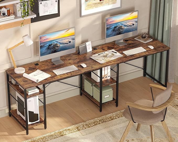 Bestier L Shaped Desk, 95.2 Inch Reversible Corner Computer Desk with Shelves, 2 Person Long Table for Home Office, Large Writing Storage Workstation with 3 Cable Holes, Rustic Brown - LeafyLoom