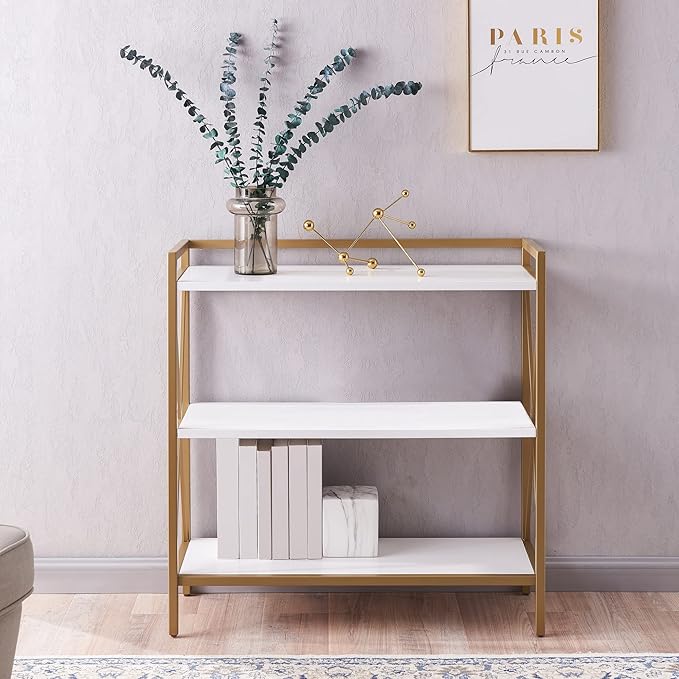 Leick Home 9261-WTGL Claudette Mixed Metal and Wood Bookshelf, White/gold - LeafyLoom