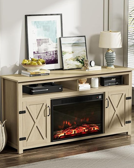 YESHOMY Fireplace TV Stand for Television up to 65+ Inch with Storage and Farmhouse Barn Doors, Entertainment Center with Cabinet and Shelves, Media Console for Living Room, Oak - LeafyLoom