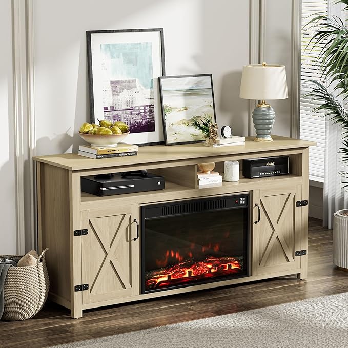 YESHOMY Fireplace TV Stand for Television up to 65+ Inch with Storage and Farmhouse Barn Doors, Entertainment Center with Cabinet and Shelves, Media Console for Living Room, Oak - LeafyLoom