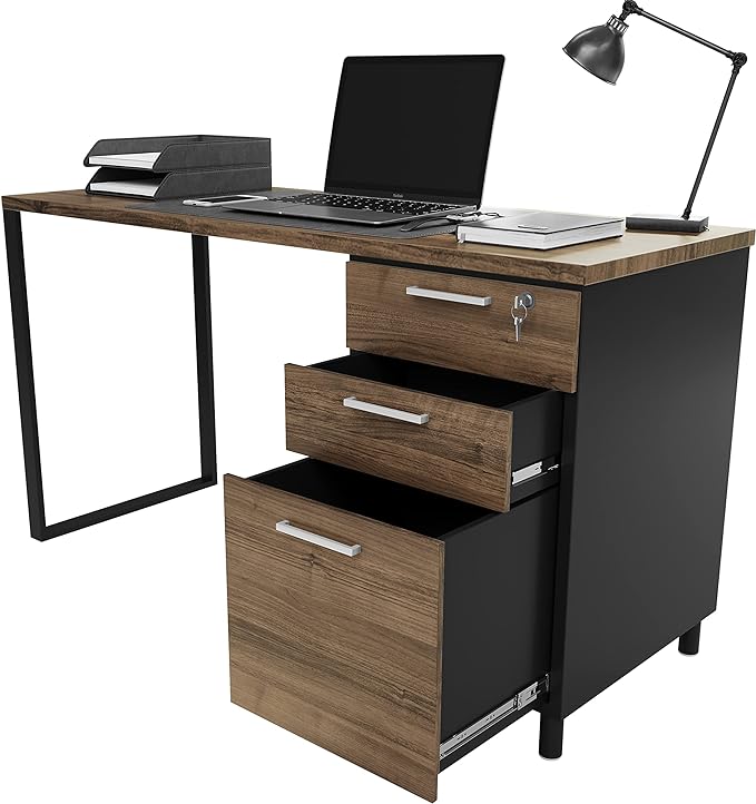 Milano Home Office Desk - 47Inch Cass Walnut/Black Home Office Desk with Drawers - Modern Computer Desk with Storage, Detachable & Lockable Computer Cabinet - Wooden Office, Study, and Writing Table - LeafyLoom