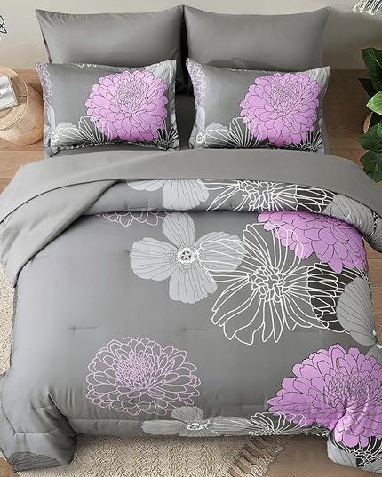 Yiran King Size Comforter Set Grey Purple Comforter Floral Bedding Comforter Set 7 Pieces Soft Microfiber Bed Set for All Seasons 103"×90" - LeafyLoom