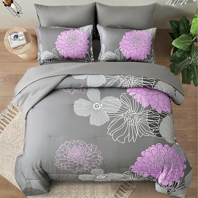 Yiran King Size Comforter Set Grey Purple Comforter Floral Bedding Comforter Set 7 Pieces Soft Microfiber Bed Set for All Seasons 103"×90" - LeafyLoom