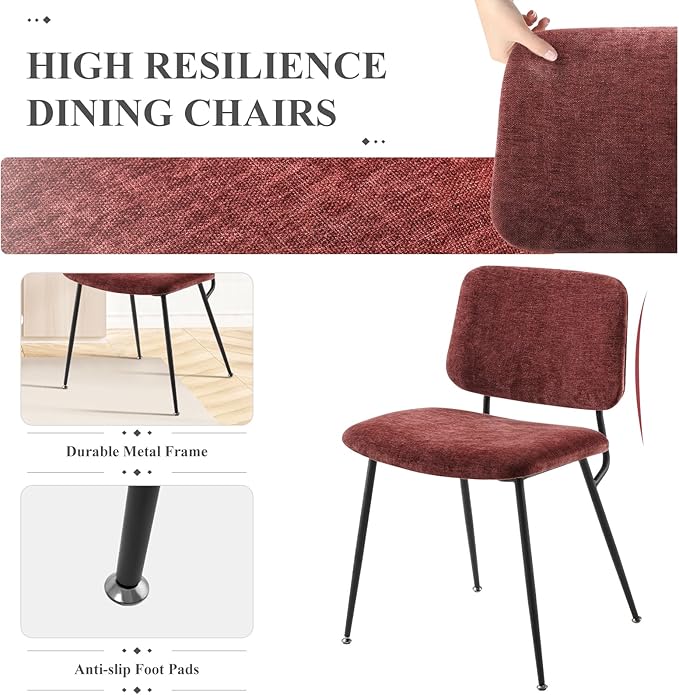 COLAMY Modern Upholstered Fabric Dining Room Accent Diner Stylish Kitchen Chairs with Solid Metal Legs, set of 4, Red - LeafyLoom