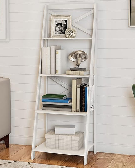 Lavish Home 4-Tier Ladder Bookshelf - Freestanding Shelved Bookcase with X-Back Frame and Leaning Look - Display Shelves for Home or Office (White) - LeafyLoom