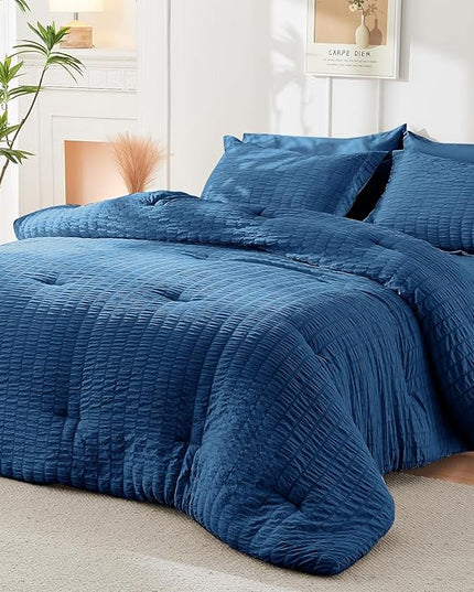 HYMOKEGE Seersucker Queen Comforter Set 3 Pieces, Lightweight Comforter Sets for Bedding, Bed Set with 1 All Season Soft Down Alternative Comforter and 2 Pillow Shams, Teal - LeafyLoom