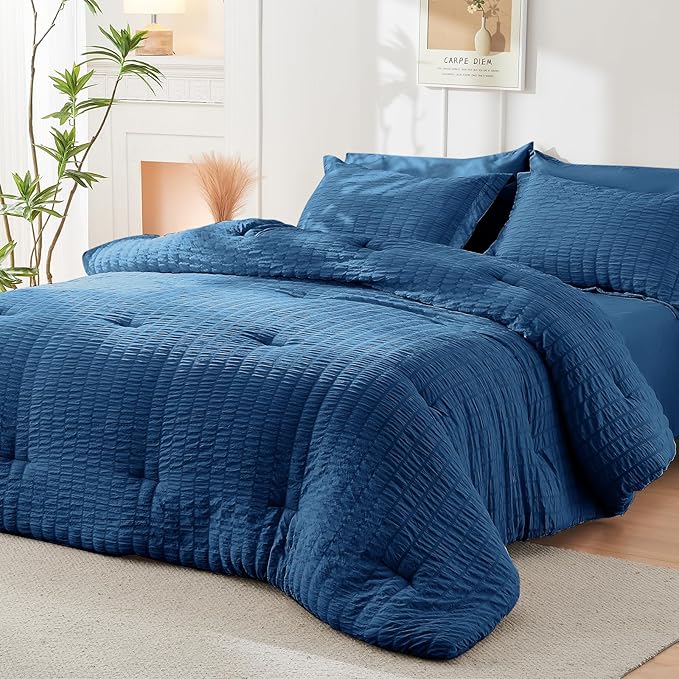 HYMOKEGE Seersucker Queen Comforter Set 3 Pieces, Lightweight Comforter Sets for Bedding, Bed Set with 1 All Season Soft Down Alternative Comforter and 2 Pillow Shams, Teal - LeafyLoom