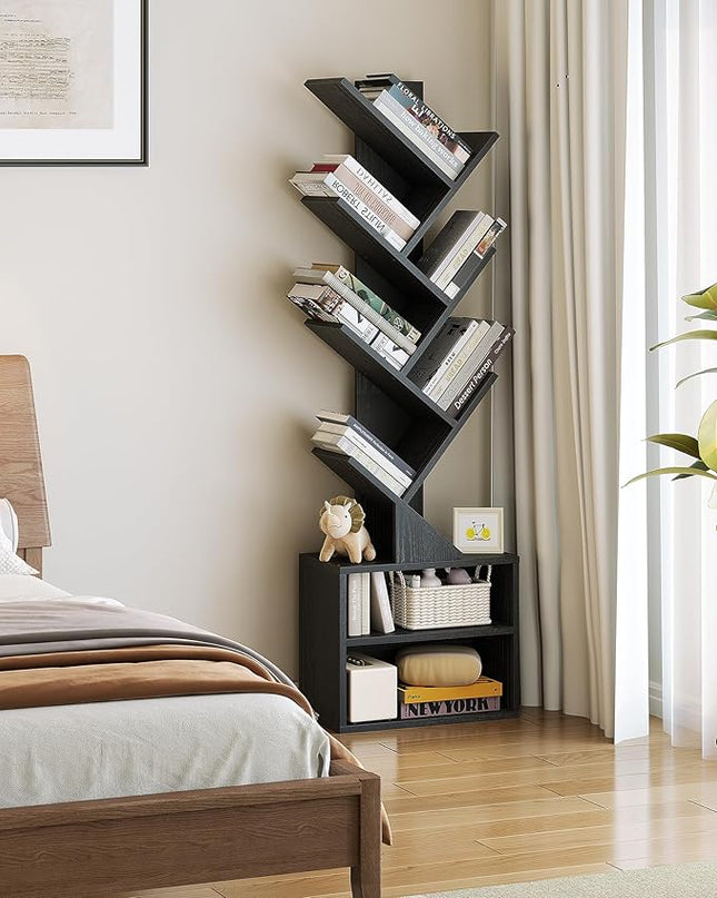 SUNMORY 6 Tier Tree Bookshelf, Small Bookcase with Storage Cabinet, Modern Narrow Bookshelves Organizer, Floor Standing Book Shelf for Bedroom/Living Room/Home Office/Corner, Black - LeafyLoom