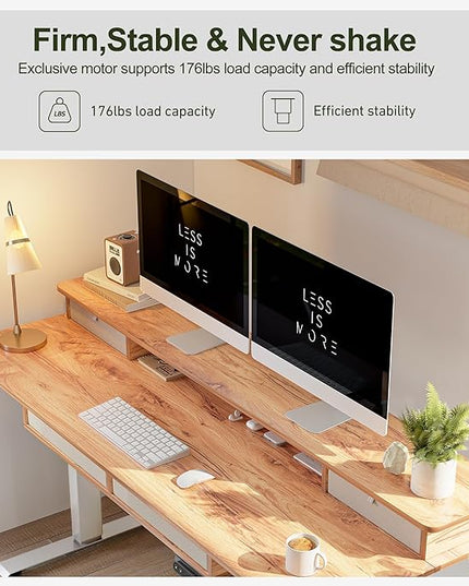 BANTI Height Adjustable Electric Standing Desk with 4 Drawers, 55 x 24 Inch Table with Storage Shelf, Sit Stand Desk, Light Rustic Brown Top - LeafyLoom