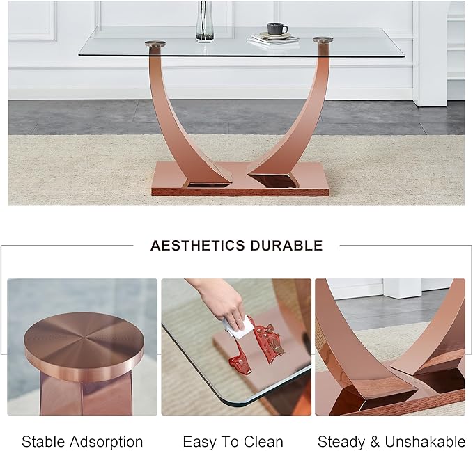 NicBex 63Inch Rectangular Dining Table,Modern Kitchen Table with Tempered Glass Tabletop and Rose Gold Metal Legs for 6 to 8,Large Dining Room Table for Kitchen,Meeting Living Room,Rose Gold - LeafyLoom