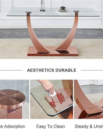 Modern Glass Table with Rectangular Tempered Tabletop,Dinner Desk Set for 4-8 People W, Home,Kitchen,Dining Room,Office,Rose Gold+Clear Finish, 63" U-Shape Pedestal Base - LeafyLoom