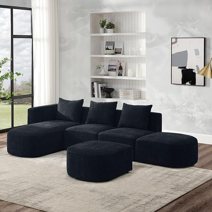 113" L-Shape Sectional Side Chaise and Ottoman, Modular Sofa, DIY Combination, Loop Yarn Fabric for Living Room, Apartment, 113inch, Black Left - LeafyLoom