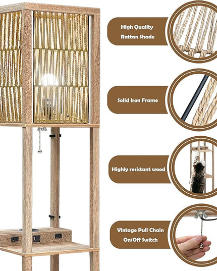 Fovara - Boho Floor Lamp with Rattan Shade - Shelves Floor Lamps for Living Room - Bohemian Light with Natural Wood Shelf - Decoration for Bedrooms with Charging Base, USB Port, and Power Socket - LeafyLoom