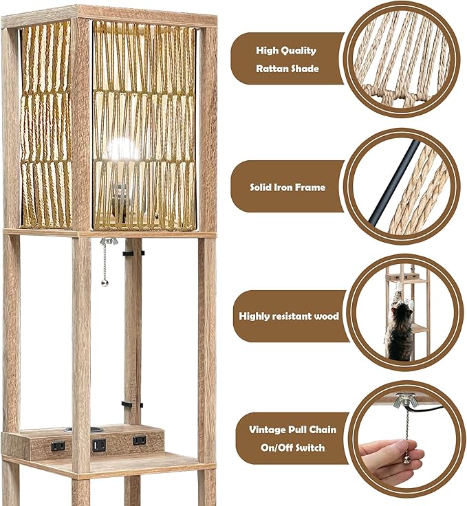Fovara - Boho Floor Lamp with Rattan Shade - Shelves Floor Lamps for Living Room - Bohemian Light with Natural Wood Shelf - Decoration for Bedrooms with Charging Base, USB Port, and Power Socket - LeafyLoom