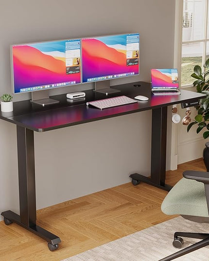 Electric Standing Desk 55 Inch, Ergonomic Height Adjustable Table with T-Shaped Metal Bracket Modern Computer Workstations for Home Office, Black - LeafyLoom
