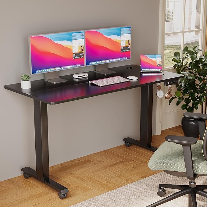 Electric Standing Desk 55 Inch, Ergonomic Height Adjustable Table with T-Shaped Metal Bracket Modern Computer Workstations for Home Office, Black - LeafyLoom