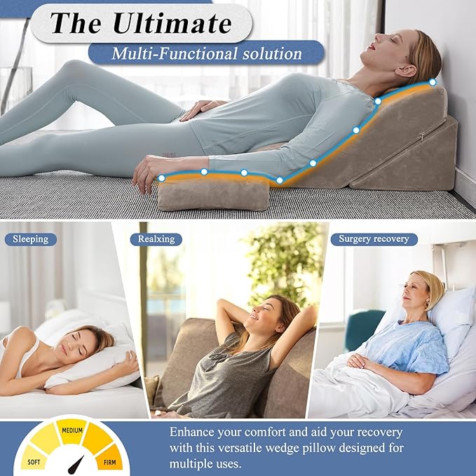 Axelrod Bed Wedge Pillow Set Foam | Adjustable Pillows for Back, Leg and Knee Pain Relief | Post Surgery Ortho Pillow – Anti Snoring, Heartburn, Acid Reflux & GERD- Brown - LeafyLoom