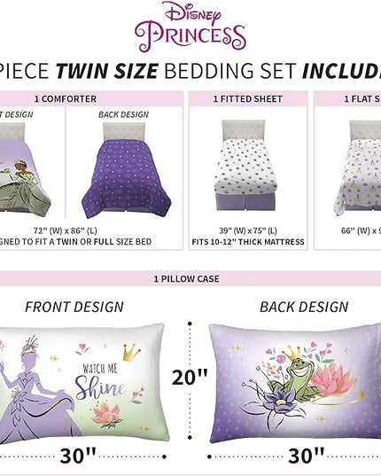 Disney Princess Tiana Kids Bedding Super Soft Microfiber Comforter And Sheet Set, 4 Piece Twin Size, "Official" Disney Product By Franco - LeafyLoom