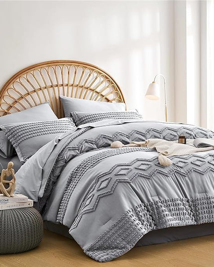KAKIJUMN Grey Tufted Comforter Set Full Size 7 Piece Bed in a Bag, Shabby Chic Boho Comforter and Sheet Set, Pom Pom Textured Bed Set, All Season Soft Microfiber Complete Bedding Set(Grey,Full) - LeafyLoom