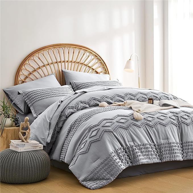 KAKIJUMN Grey Tufted Comforter Set Full Size 7 Piece Bed in a Bag, Shabby Chic Boho Comforter and Sheet Set, Pom Pom Textured Bed Set, All Season Soft Microfiber Complete Bedding Set(Grey,Full) - LeafyLoom