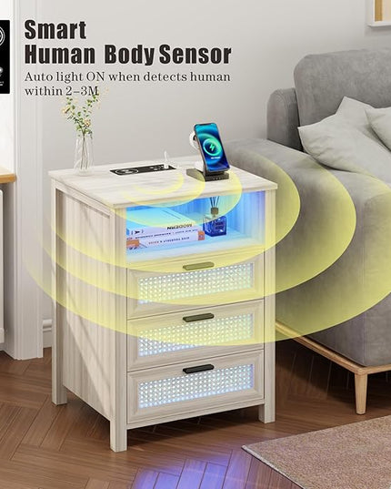 Rattan Nightstand with Charging Station, Night Stand with 3 Drawers and Open Shelf, Bed Side Table with LED Lights for Bedroom, Living Room, Grey - LeafyLoom