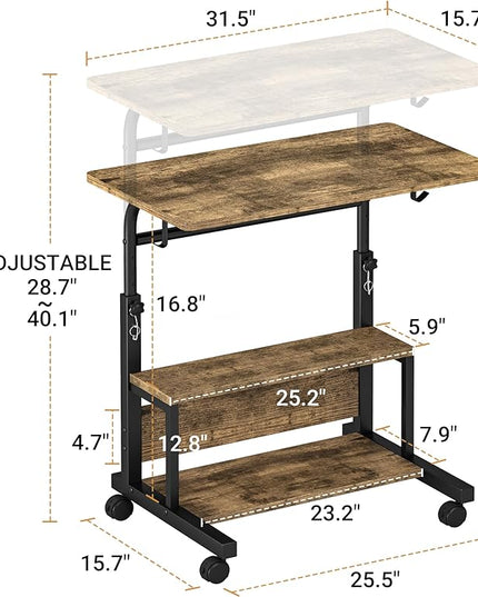 Portable Desk with Storage Shelves, Height Adjustable Desk with Wheels, Small Rolling Desk with Hooks, Standing Desk on Wheels for Home Office, Mobile Computer Table for Small Space - LeafyLoom