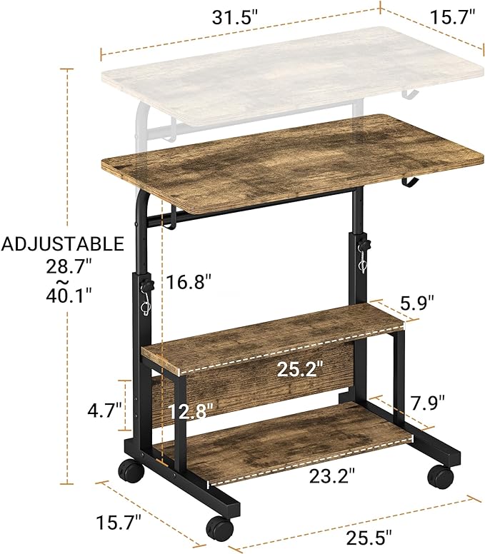 Portable Desk with Storage Shelves, Height Adjustable Desk with Wheels, Small Rolling Desk with Hooks, Standing Desk on Wheels for Home Office, Mobile Computer Table for Small Space - LeafyLoom