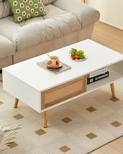 Brafab Boho TV Storage Media Console Table with Double Sliding Doors and Adjustable Shelf for Living Room, 55.12" L x 15.75" W x 18.31" H, White - LeafyLoom