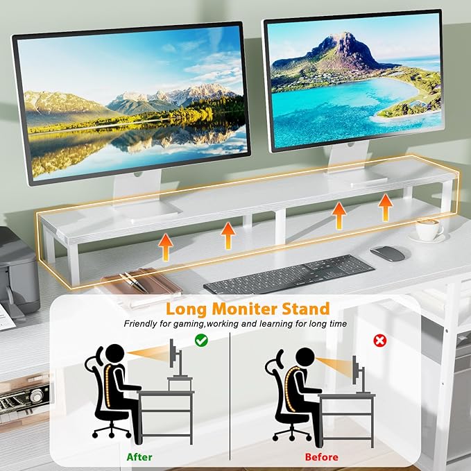 Furologee 61" Computer Desk with Fabric File Cabinet & Drawer, Reversible White Desk with Storage Shelf, Office Desk with Long Monitor Stand, Writting Desk Workstation, for Home/Office/White - LeafyLoom