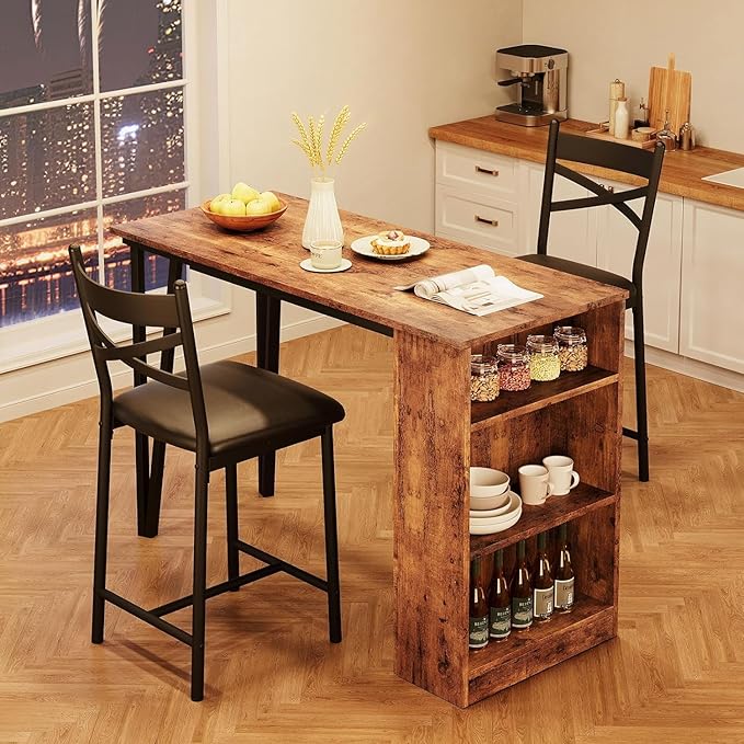 GAOMON Dining Table Set for 2, Kitchen Table Set for 2, Expandable Kitchen Bar Table and Chairs with 2 Upholstered Chairs and 3 Storage Shelves for Apartment Small Space, Rustic Brown - LeafyLoom