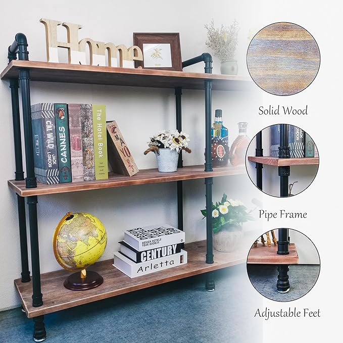 3 Tier Industrial Long Bookshelf, Entryway Industrial Metal Bookcase (Weathered Brown, 60" L x 11.8" W x 39" H) - LeafyLoom