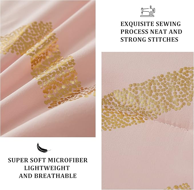 Pink Comforter Set Twin Size, Metallic Blush and Rose Gold Bedding Set, 3 Piece Lightweight Microfiber Comforter for Teen Girls Women (1 Pillow Sham + 1 Decorative Pillow Sham) - LeafyLoom