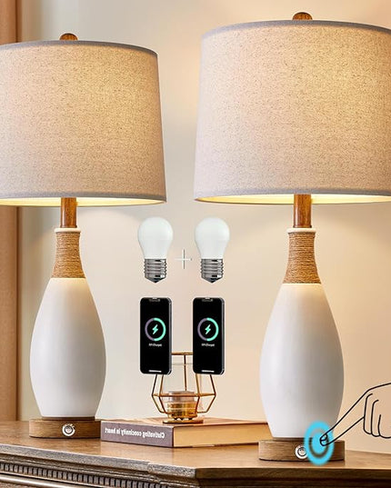 OYEARS 24.5” 3-Way Dimmable Touch Control Bedside Table Lamp Set of 2 with USB and Type-C Charging Ports Modern Farmhouse Nightstand Lamp for Bedroom Living Room (Bulb Included) - LeafyLoom