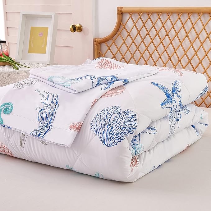 JSD Beach Theme 3 Piece Full Kids Comforter Set, Jellyfish Starfish Shell Printed Comforter with Pillow Sham, Soft Comfortable Machine Washable - LeafyLoom