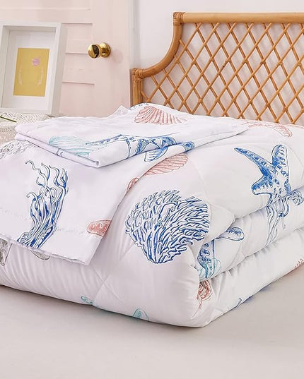 JSD Beach Theme 2 Piece Twin Kids Comforter Set, Jellyfish Starfish Shell Printed Comforter with Pillow Sham, Soft Comfortable Machine Washable - LeafyLoom