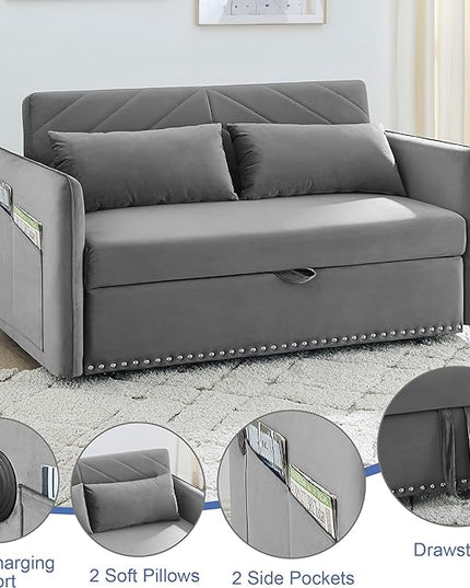 New model 3-in-1 Sleeper USB Port Adjustable Velvet Convertible Sofa with Pull Out Bed, 2 Pillows & Side Pocket – Ideal for Living Room and Bedroom, Grey - LeafyLoom