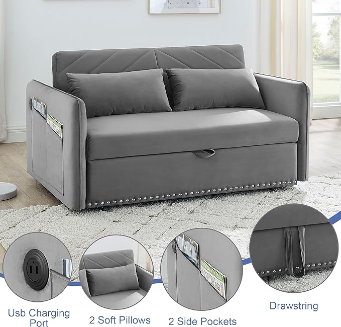 New model 3-in-1 Sleeper USB Port Adjustable Velvet Convertible Sofa with Pull Out Bed, 2 Pillows & Side Pocket – Ideal for Living Room and Bedroom, Grey - LeafyLoom