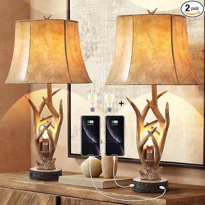 Dungoo Rustic Western Deer Table Lamps with Nightlight Set of 2, 26" Rustic Bedside Lamps for Bedroom with 2 USB Ports, Natural Antler Table Lamp for Christmas Living Room Gift Foyer Office - LeafyLoom