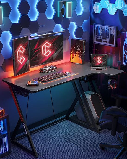 CubiCubi Aurora Gaming Desk with Carbon Fiber Surface, 47 Inch L Shaped Desk with Storage Shelves, Small Corner Computer Desk with Monitor Shelf, Gamer Desk PC Table, Black - LeafyLoom