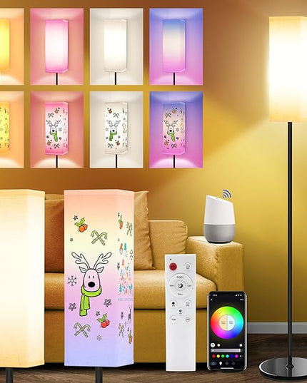 Smart RGB Floor Lamp for Living Room, Bedroom, Modern LED Standing Tall Lamp, WiFi Music Smart Corner Lamp with Remote Control, Dimmable, Compatible with Alexa and Google Home (2 lampshades) - LeafyLoom