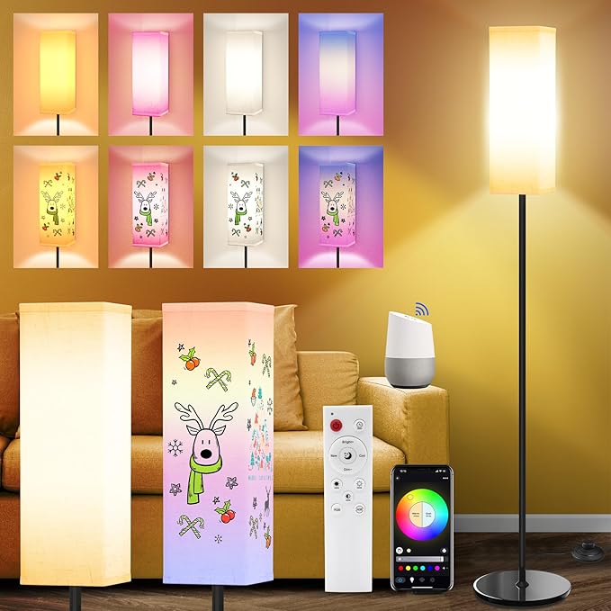 Smart RGB Floor Lamp for Living Room, Bedroom, Modern LED Standing Tall Lamp, WiFi Music Smart Corner Lamp with Remote Control, Dimmable, Compatible with Alexa and Google Home (2 lampshades) - LeafyLoom