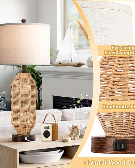 27.5” Tall Rattan Table lamps Set of 2, Wicker Lamps with USB C+A Ports, Farmhouse Boho Bedside Lamps with Linen Lampshade, Rotary Switch Nightstand Lamps for Bedroom Living Room A19 LED Bulb Included - LeafyLoom