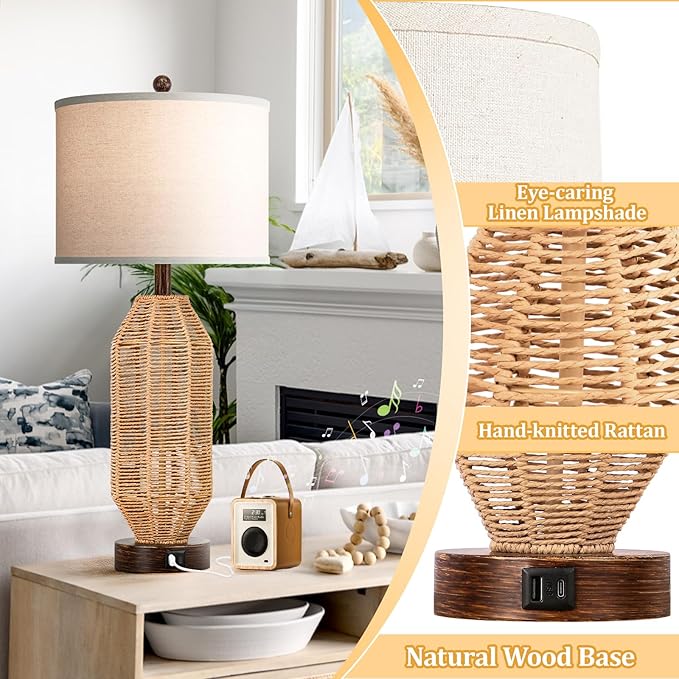 27.5” Tall Rattan Table lamps Set of 2, Wicker Lamps with USB C+A Ports, Farmhouse Boho Bedside Lamps with Linen Lampshade, Rotary Switch Nightstand Lamps for Bedroom Living Room A19 LED Bulb Included - LeafyLoom