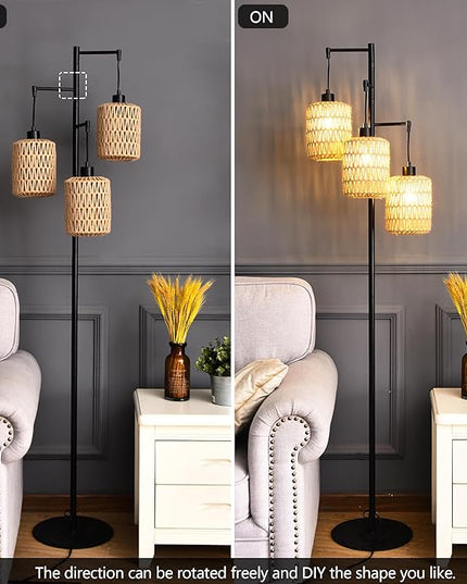 Floor Lamp for Living Room,Bedroom,3-Lights Boho Rattan Tree Floor Lights,Industrial Black Farmhouse Standing Lamp Wicker Rustic Tall Lamp,Woven Bamboo LampShade Floor Lamps Bohemian - LeafyLoom