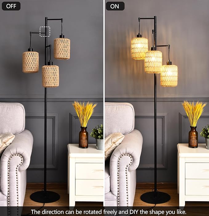Floor Lamp for Living Room,Bedroom,3-Lights Boho Rattan Tree Floor Lights,Industrial Black Farmhouse Standing Lamp Wicker Rustic Tall Lamp,Woven Bamboo LampShade Floor Lamps Bohemian - LeafyLoom