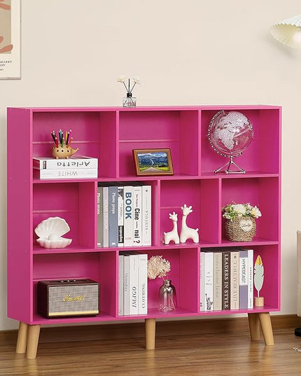 LEYAOYAO 10 Cube Bookshelf,3 Tier Modern Wide Bookcase with Legs,Mid-Century Wood Bookshelves Storage，Pink Large Book Case,Freestanding Organizer Display Shelf for Bedroom,Living Room,Office - LeafyLoom