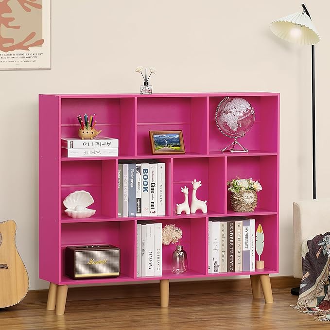 LEYAOYAO 10 Cube Bookshelf,3 Tier Modern Wide Bookcase with Legs,Mid-Century Wood Bookshelves Storage，Pink Large Book Case,Freestanding Organizer Display Shelf for Bedroom,Living Room,Office - LeafyLoom