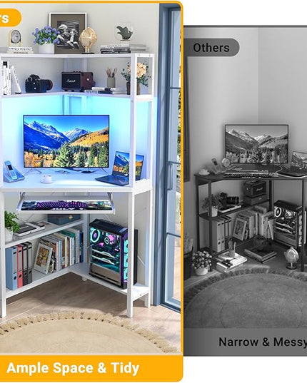 Cyclysio Small Corner Desk with Hutch, Corner Gaming Desk with LED Light & Power Outlets, Computer Desk with Keyboard Tray, Triangel Desk for Small Space, Home Office, Workstation, White - LeafyLoom