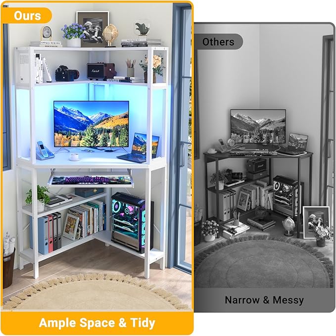 Cyclysio Small Corner Desk with Hutch, Corner Gaming Desk with LED Light & Power Outlets, Computer Desk with Keyboard Tray, Triangel Desk for Small Space, Home Office, Workstation, White - LeafyLoom